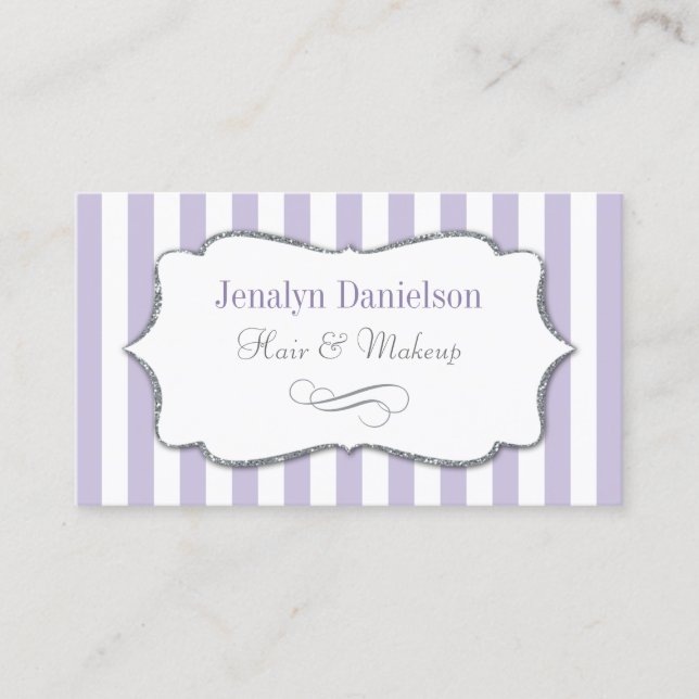 Elegant Lavender Lilac Purple Stripe Silver Grey Business Card (Front)