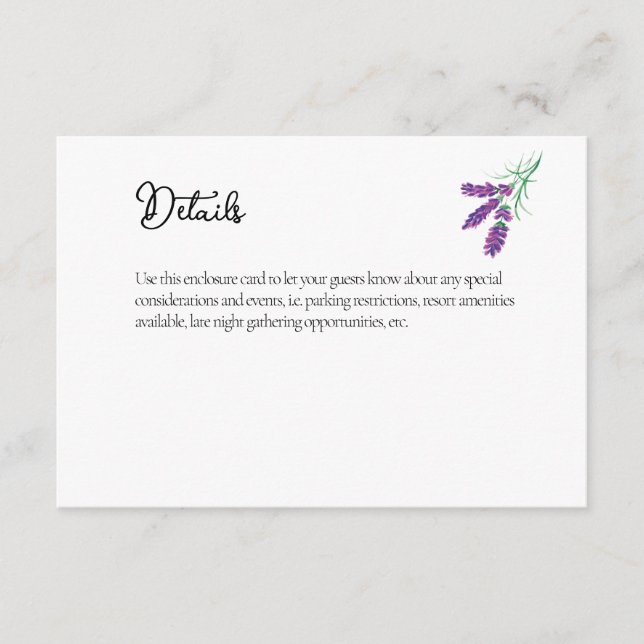 Elegant Lavender Mariage Détails Carte de boîtier (Devant)