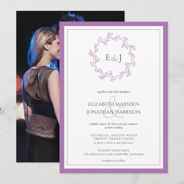 Elegant Lavender Photo Monogram Wreath  Invitation (Front/Back)