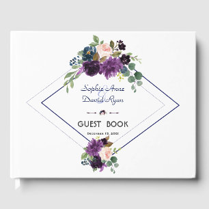 Elegant Lavender Purple Floral Navy Blue Wedding Guest Book