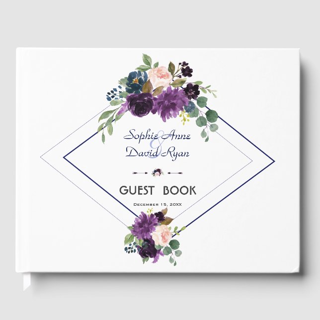 Elegant Lavender Purple Floral Navy Blue Wedding Guest Book (Front)