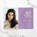 Elegant Lavender Purple Floral Photo 40th Birthday Invitation<br><div class="desc">Lavender purple floral 40th birthday party invitation with your photo on the front of the card. Elegant modern design featuring botanical outline drawings accents and typography script font. Simple trendy invite card perfect for a stylish female bday celebration. Can be customized to any age. Printed Zazzle invitations or instant download...</div>
