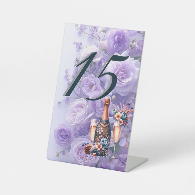 Elegant Lavender Purple Floral Wedding Table Numbe Pedestal Sign (Front)