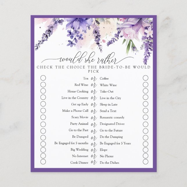 Elegant Lavender Purple Flowers Bridal Shower Game (Front)