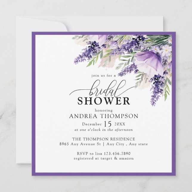 Elegant Lavender Purple Flowers Bridal Shower Invitation (Front)