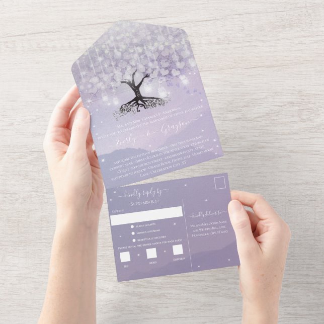 Elegant Lavender Purple Heart Leaf Tree Wedding All In One Invitation (Tearaway)