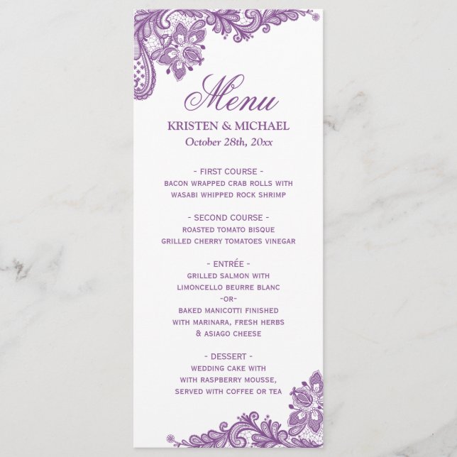 Elegant Lavender Purple Lace Pattern Wedding Menu (Front)