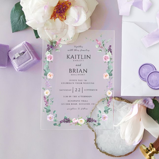 Elegant Lavender Purple, Pastel Floral Wedding Acrylic Invitations (Creator Uploaded)