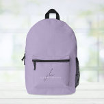 Elegant Lavender Purple Personalized Printed Backpack<br><div class="desc">Minimal and elegant lavender purple backpack. Personalize with your monogram initials and name in a mix of a chic dark purple script and simple modern white typography.</div>