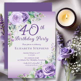 Elegant Lavender Purple Rose Floral 40th Birthday Invitation