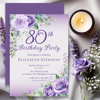 Elegant Lavender Purple Rose Floral 80th Birthday Invitation