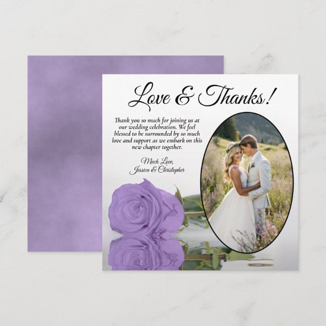 Elegant Lavender Purple Rose Oval Photo Wedding Thank You Card (Front/Back)