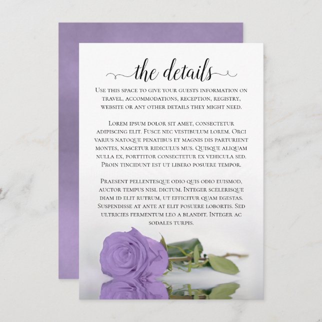 Elegant Lavender Purple Rose Wedding Details Enclosure Card (Front/Back)
