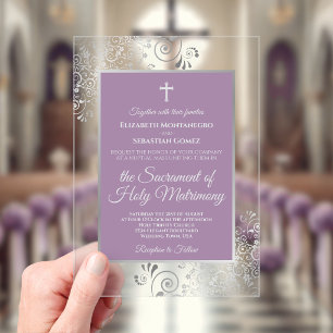 Elegant Lavender Purple & Silver Catholic Wedding Acrylic Invitations