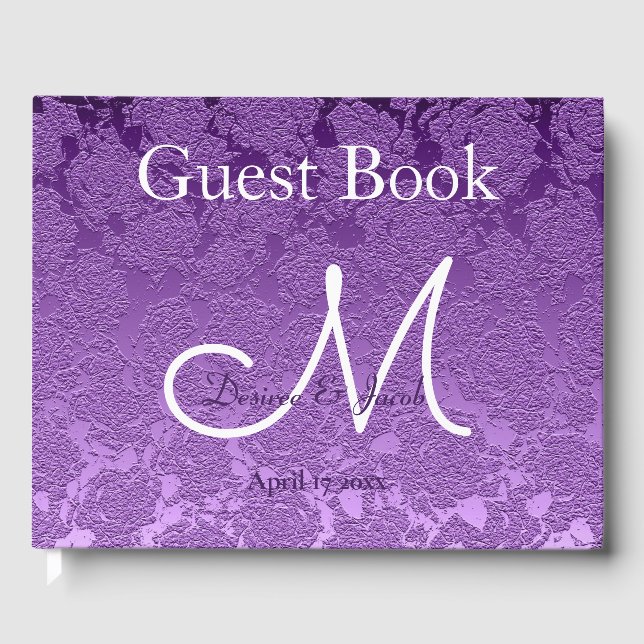 Elegant Lavender Purple White Burgundy Monogram Guest Book (Front)