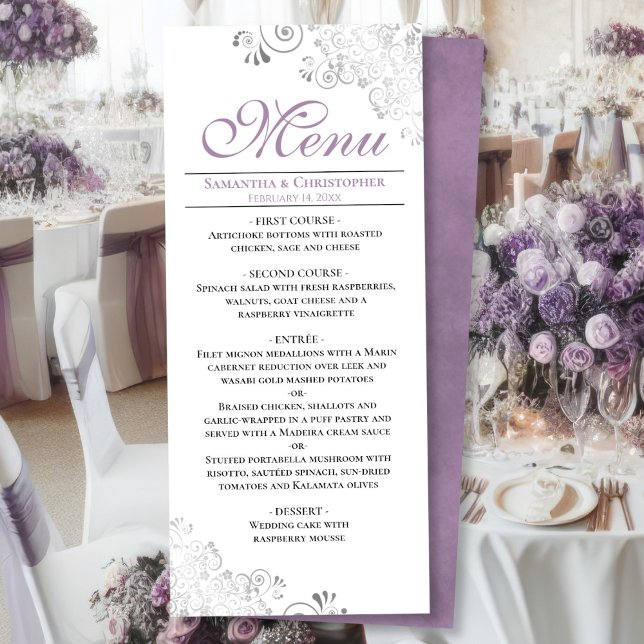 Elegant Lavender & Silver Swirls on White Wedding Menu (Front/Back)