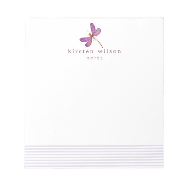 Elegant Lavender Stripes & Dragonfly  Personalized Notepad (Front)