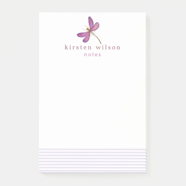Elegant Lavender Stripes & Dragonfly Personalized Post-it Notes (Front)