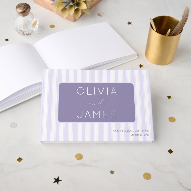 Elegant Lavender Stripes Guest Book (Front Open)