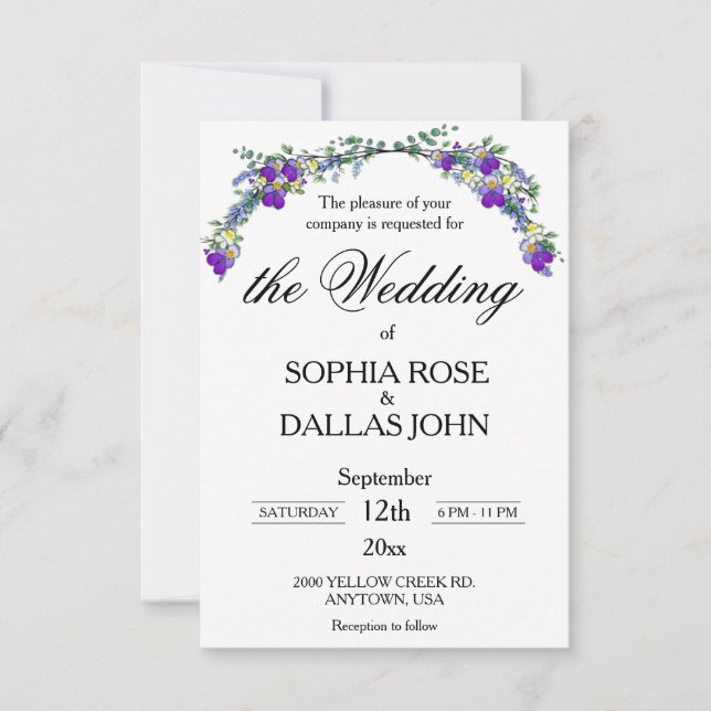 Elegant  Lavender violets watercolor Wedding Invitation (Front)