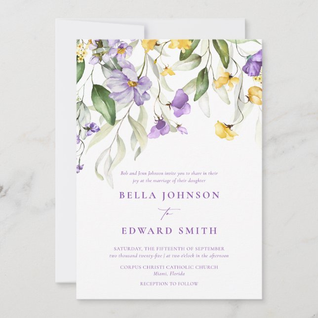 Elegant Lavender Watercolor Floral Wedding Invitation (Front)