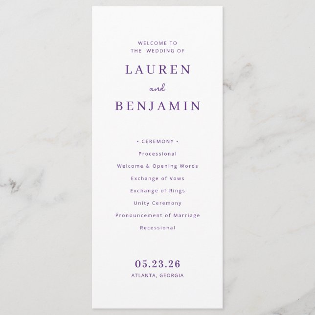 Elegant Lavender Wedding Ceremony Program (Front)