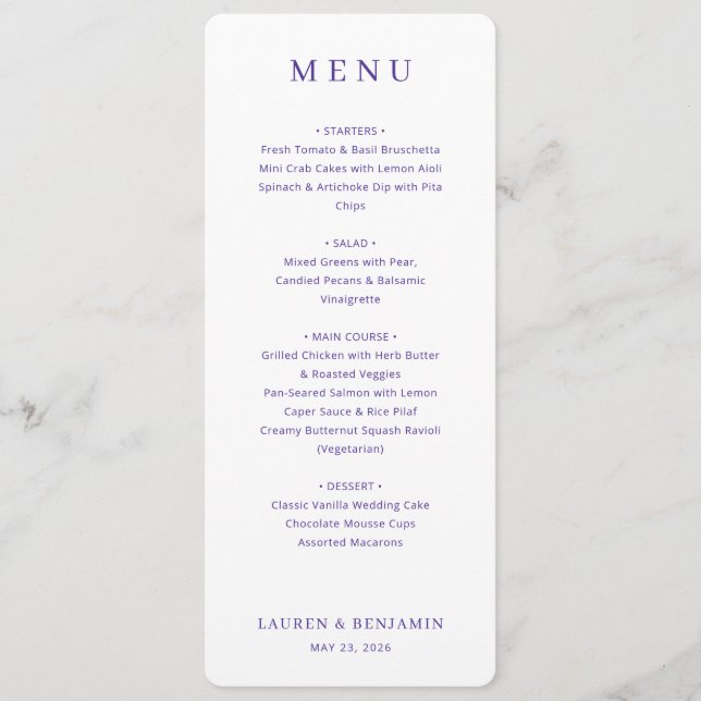 Elegant Lavender Wedding Menu (Front)