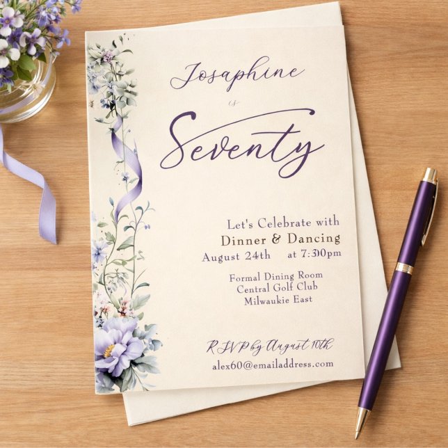 Elegant Lavender Wildflower Script 70th Birthday Invitation (Creator Uploaded)