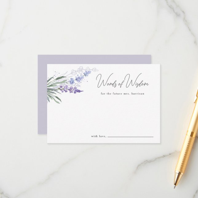 Elegant Lavender Words of Wisdom Bridal Shower Advice Card (Front/Back In Situ)