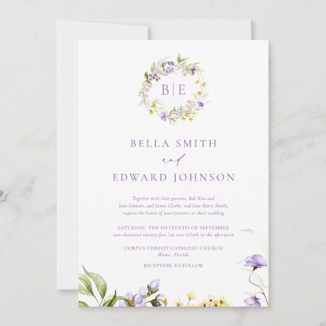 Elegant Lavender & Yellow Floral Monogram Wedding Invitation (Front)
