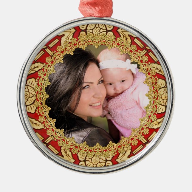 Elegant Lavish Red and Gold Ornate Custom Photo Metal Ornament (Front)