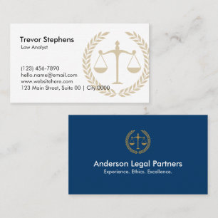 Elegant Law Firm Professional Navy Blue White Gold Business Card