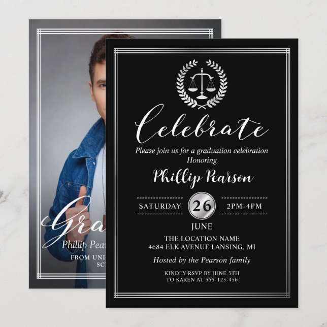 Elegant Law School Graduation Party Photo Invitation (Front/Back)