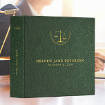 Elegant lawyer office gold green leather binder<br><div class="desc">Luxury attorney at law office simple elegant binder with faux gold scale of justice and laurels logo and custom script on a vintage dark green leather look background. Personalize it with your information and logo on front,  back and spine!</div>