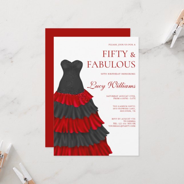 Elegant Layered Dress, 50th & Fabulous Birthday Invitation (Front/Back In Situ)