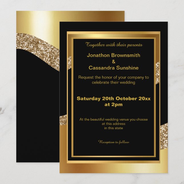 ELEGANT LAYERED GOLD BLACK GLITTER WAVE INVITATION (Front/Back)