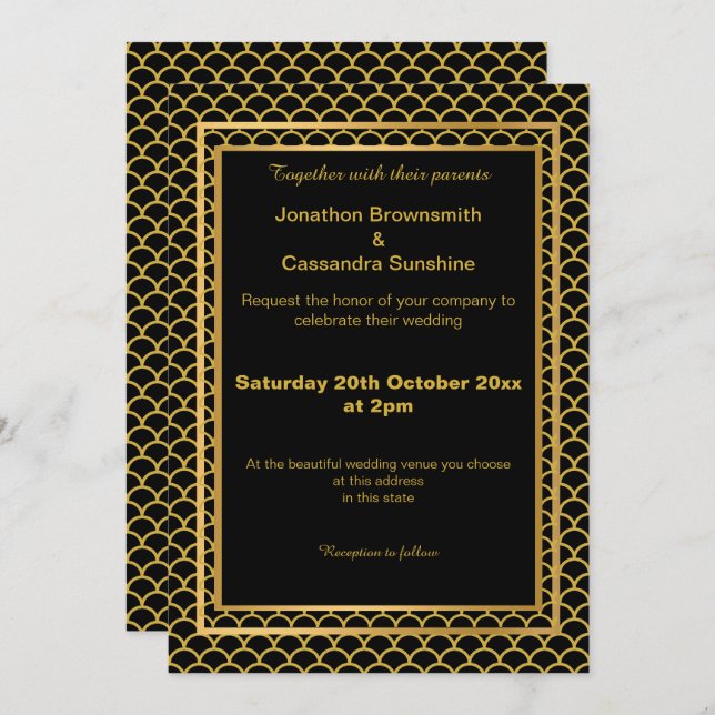 ELEGANT LAYERED GOLD BLACK  MERMAID SCALE PATTERN INVITATION (Front/Back)