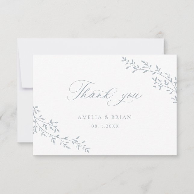 Elegant Leaf Branch Botanical Blue Script Wedding Thank You Card (Front)