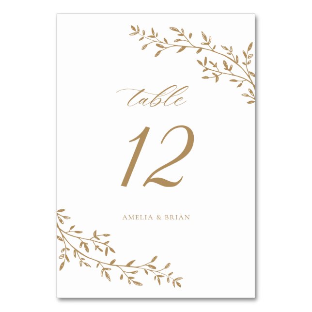Elegant Leaf Branch Botanical Gold Wedding Table Number (Front)