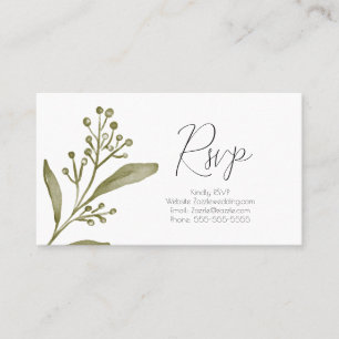 Elegant Leaf Branch Green Watercolor RSVP Wedding Business Card