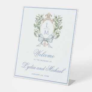 Elegant Leaf Crest Monogram Welcome Pedestal Sign