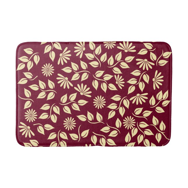 Elegant Leaf Daisy Pattern Burgundy Pastel Yellow Bath Mat (Front)