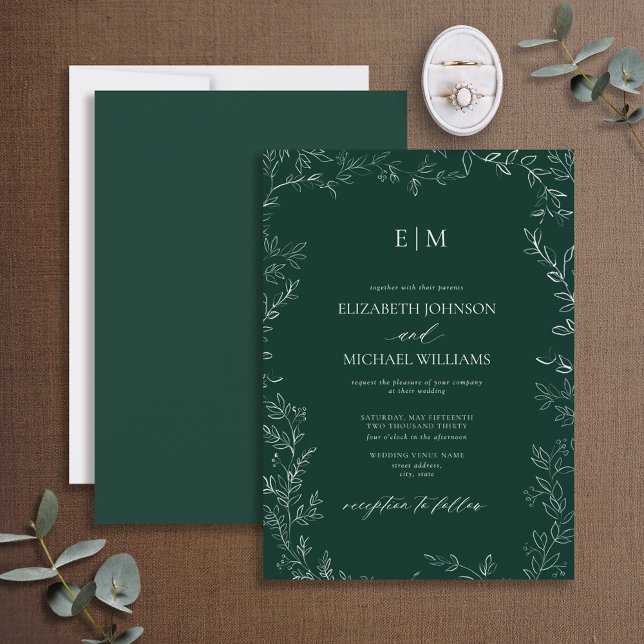 Elegant Leaf Emerald Green Monogram Wedding Invitation (Creator Uploaded)