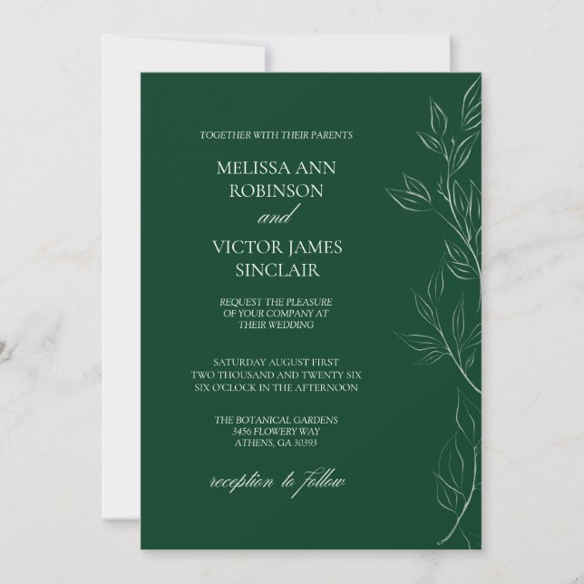 Elegant Leaf Emerald Green Wedding Invitation (Front)