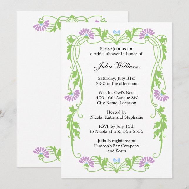 Elegant Leaf Floral Swirls Bridal Shower Invitation (Front/Back)