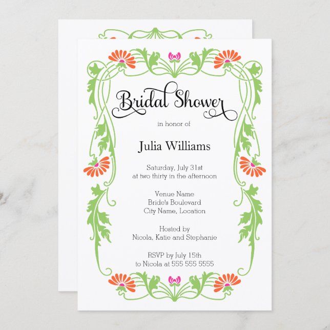 Elegant Leaf Florals and Swirls Bridal Shower Invitation (Front/Back)