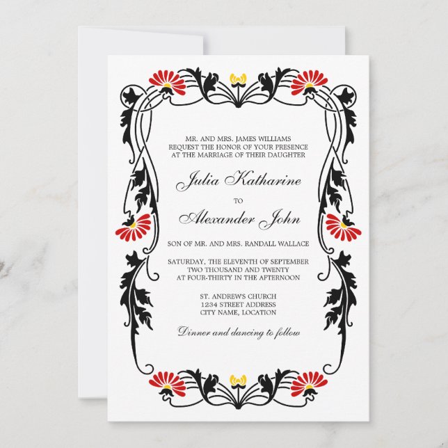 Elegant Leaf Florals and Swirls Wedding Invitation (Front)