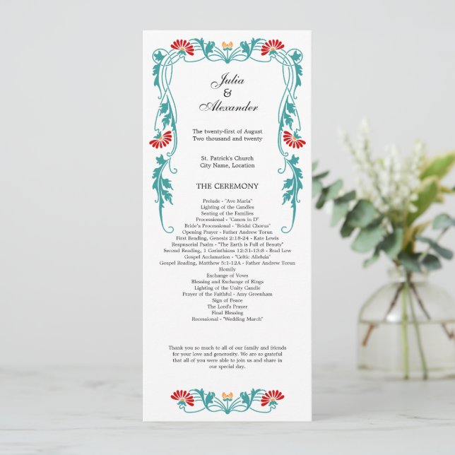 Elegant Leaf Florals and Swirls Wedding Program (Standing Front)