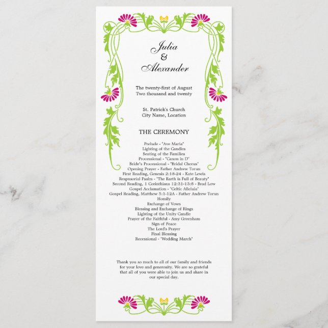 Elegant Leaf Florals and Swirls Wedding Program (Front)