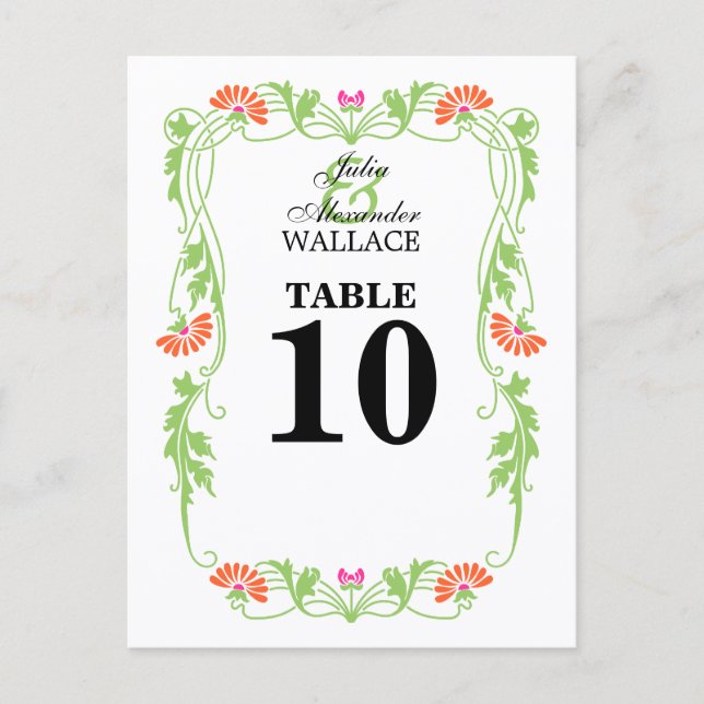 Elegant Leaf Florals & Swirls Table Number Card (Front)